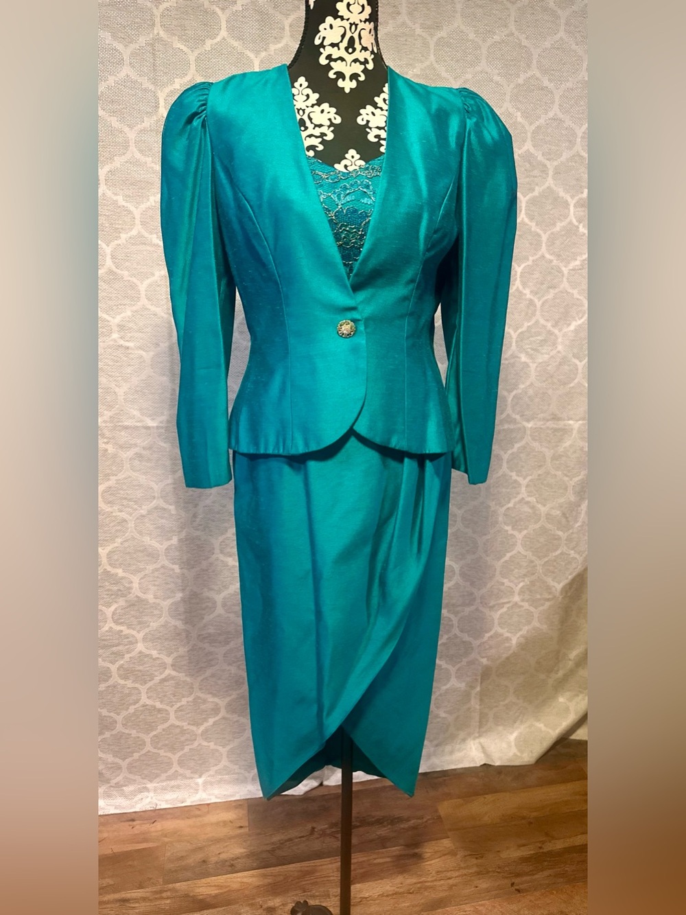 Hollywood Glam VTG80s teal two piece dress set Union tag sz 10 VTG, sz 4 modern